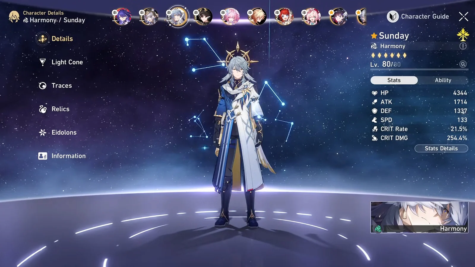 Sunday Harmony support teammate for Acheron stats screen