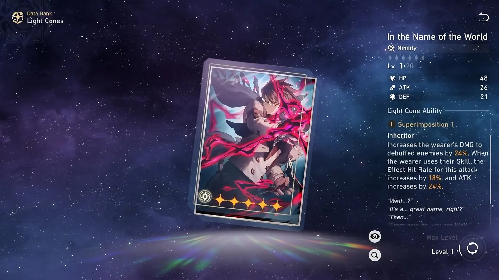 In the Name of the World 5-star Light Cone card showing DMG and ATK bonuses for Acheron