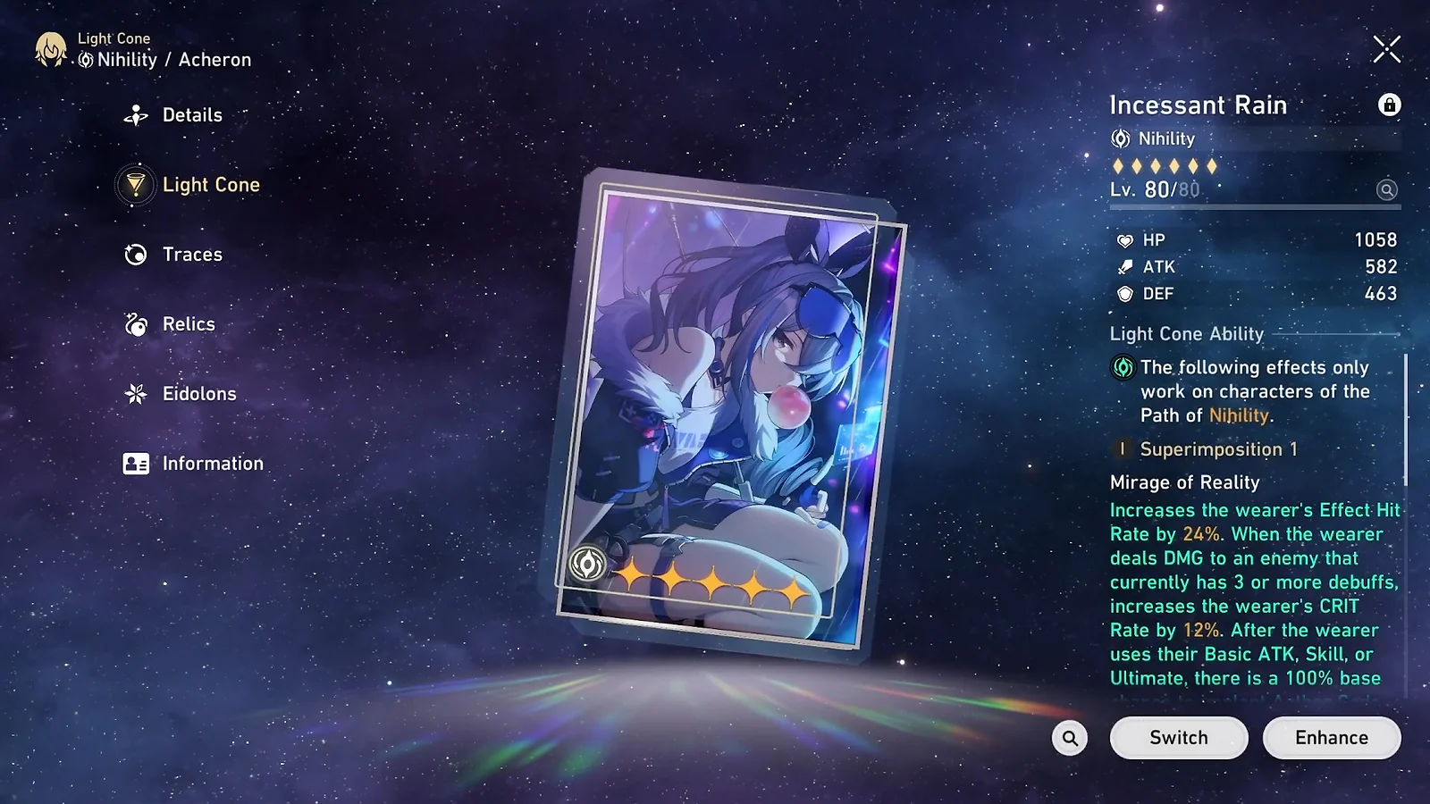 Incessant Rain 5-star Light Cone stats, providing Effect Hit Rate and CRIT Rate for Acheron in HSR