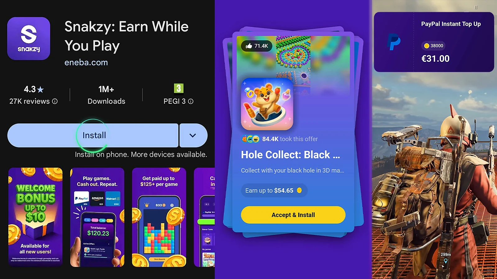 Snakzy app on Google Play Store, browsing games to play and earn rewards for, and cashing out with PayPal