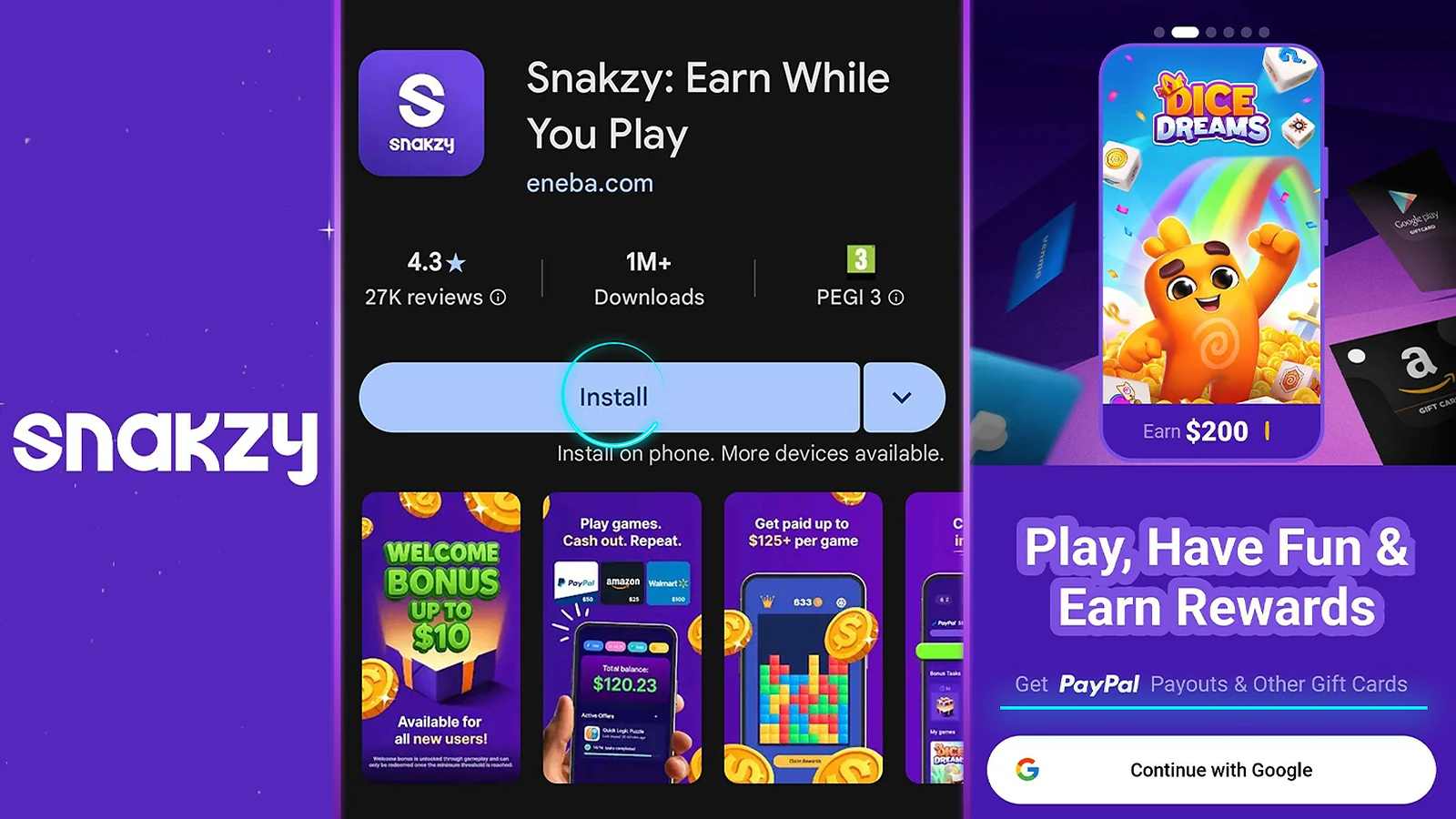 Snakzy app store page featuring an install button and text about earning rewards while playing