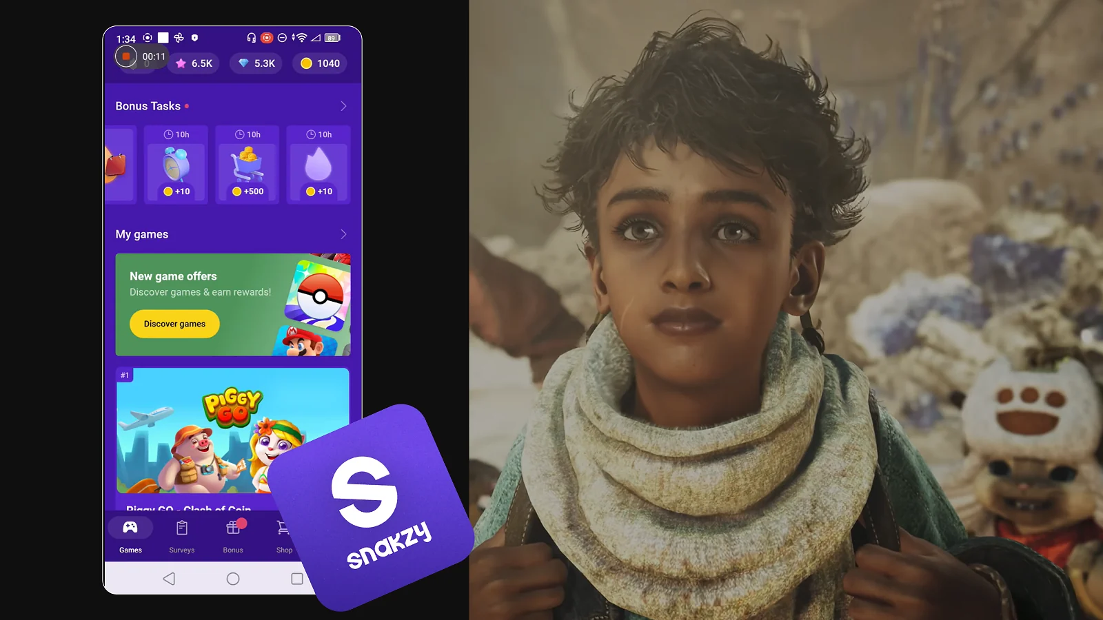 Monster Hunter Wilds gameplay screenshot and Snakzy app with logo