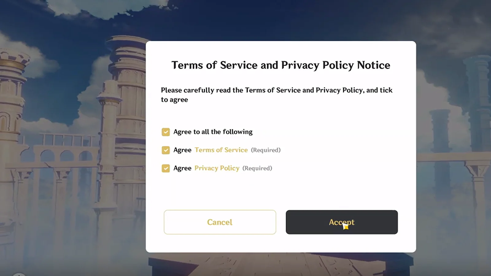 Pop-up window with terms of service and privacy policy