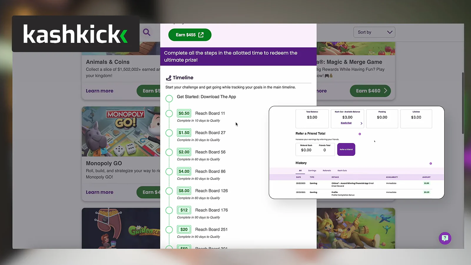 kashkisk website displaying a timeline of earnings 