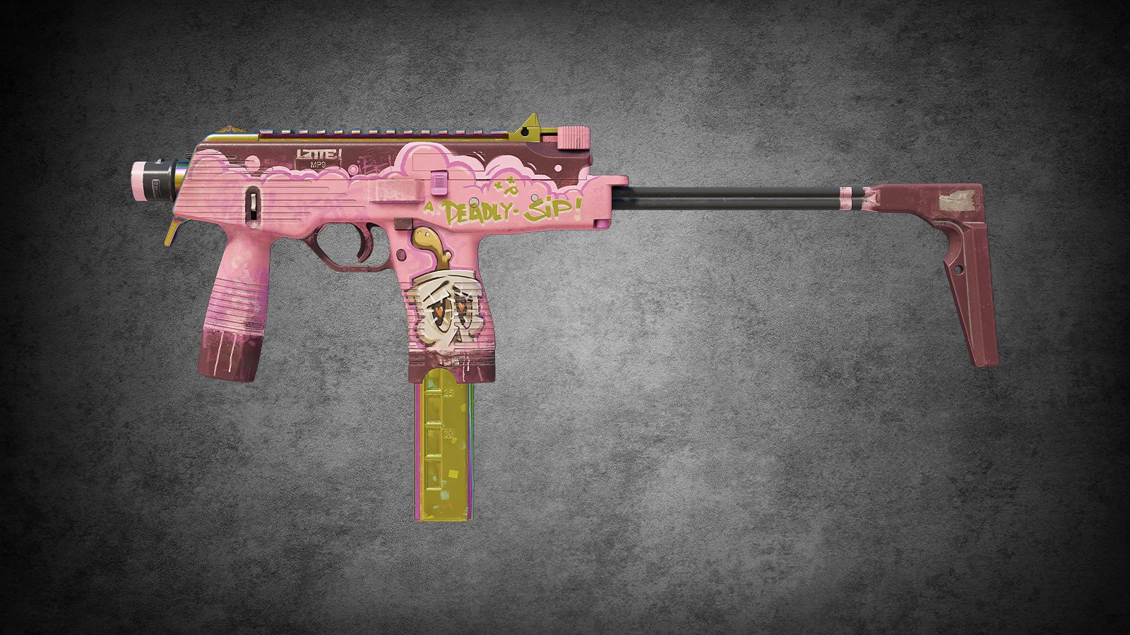 CS2 MP9 skin Latte Rush – pink coffee-themed street art with cartoon clouds and a skull cup