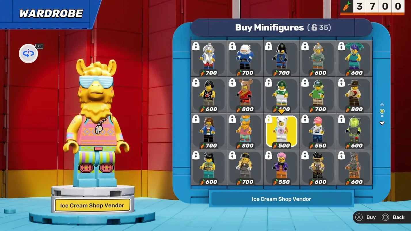 Wardrobe menu for buying LEGO Party! minifigures like the Ice Cream Shop Vendor using carrot currency