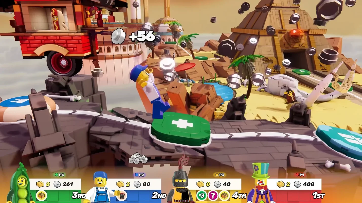 LEGO Party! Minifigure collecting silver studs on a Lego board game path