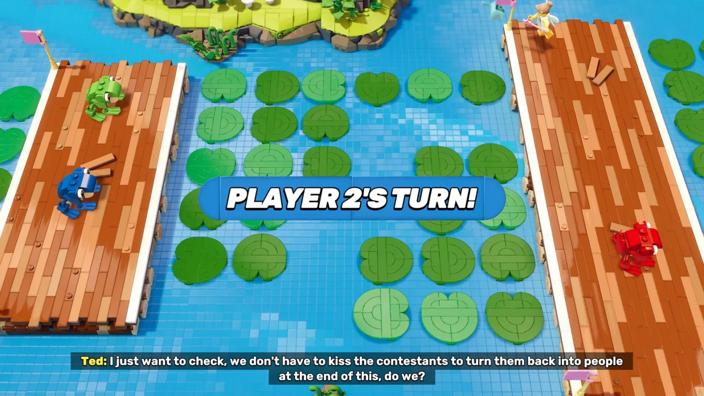 LEGO Party! Frog mini-game with players navigating lily pads across a water-themed board