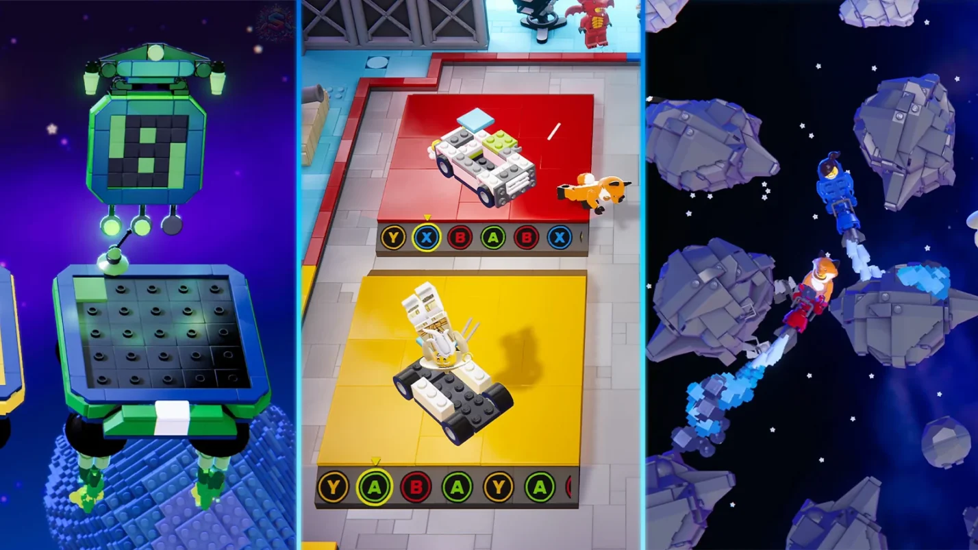 Split-screen view of three LEGO Party! mini-games