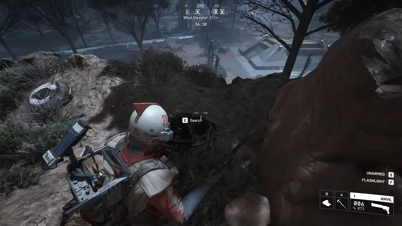 ARC Raiders - a character searching loot containers in a rocky environment during a raid