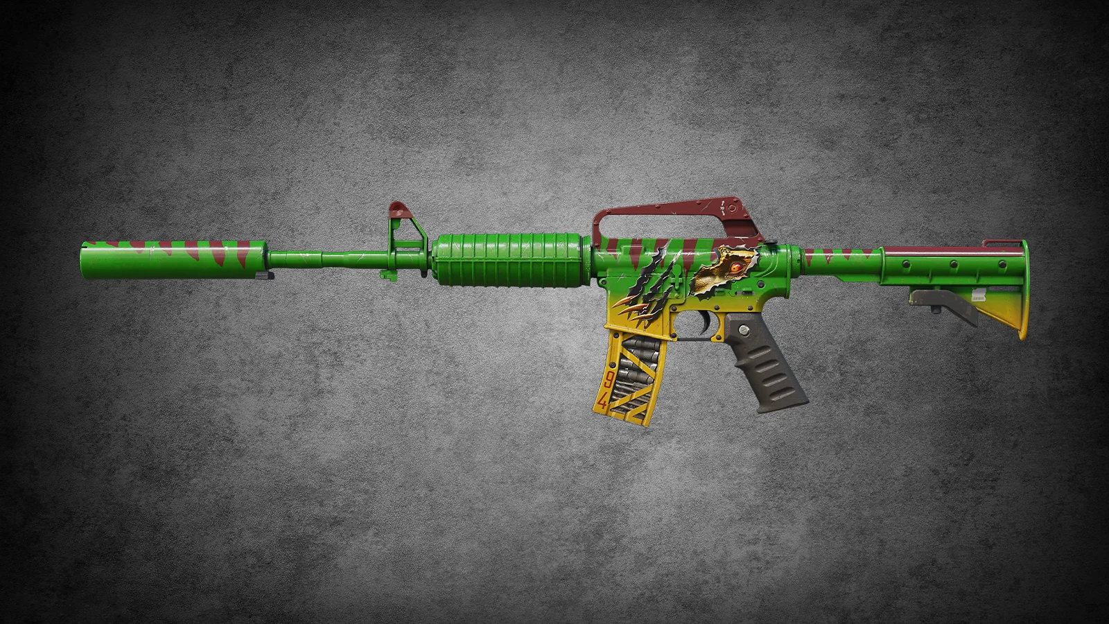 CS2 M4A1-S Emphorosaur-S skin with a green dinosaur design and a bright yellow eye