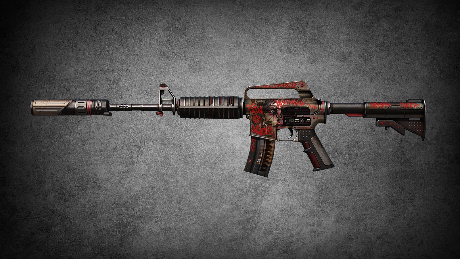 CS2 M4A1-S Night Terror skin with a distressed look featuring a spooky face and red graffiti-style text