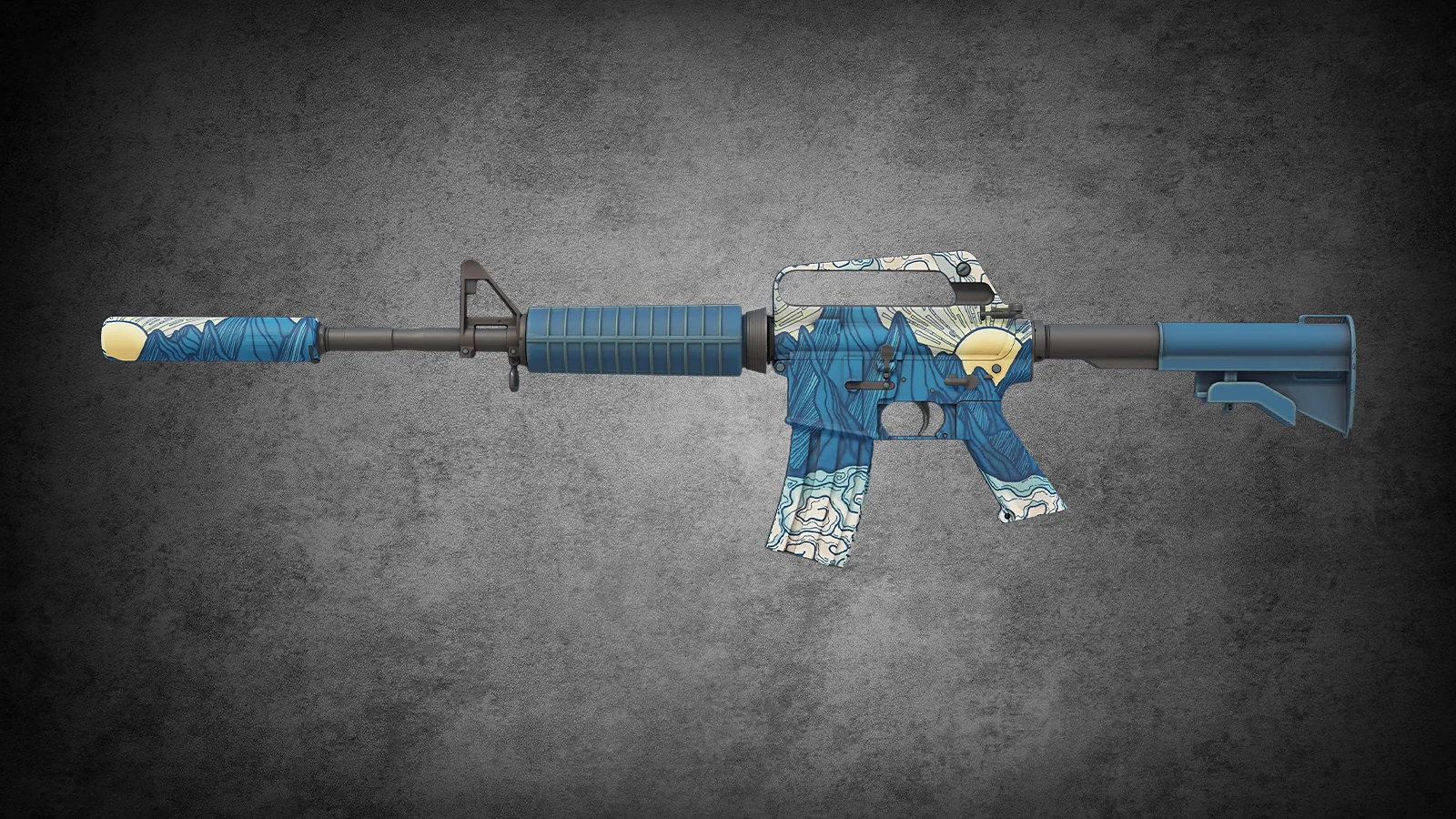 CS2 M4A1-S Solitude skin featuring a serene blue landscape with a rising sun and flowing mountain lines