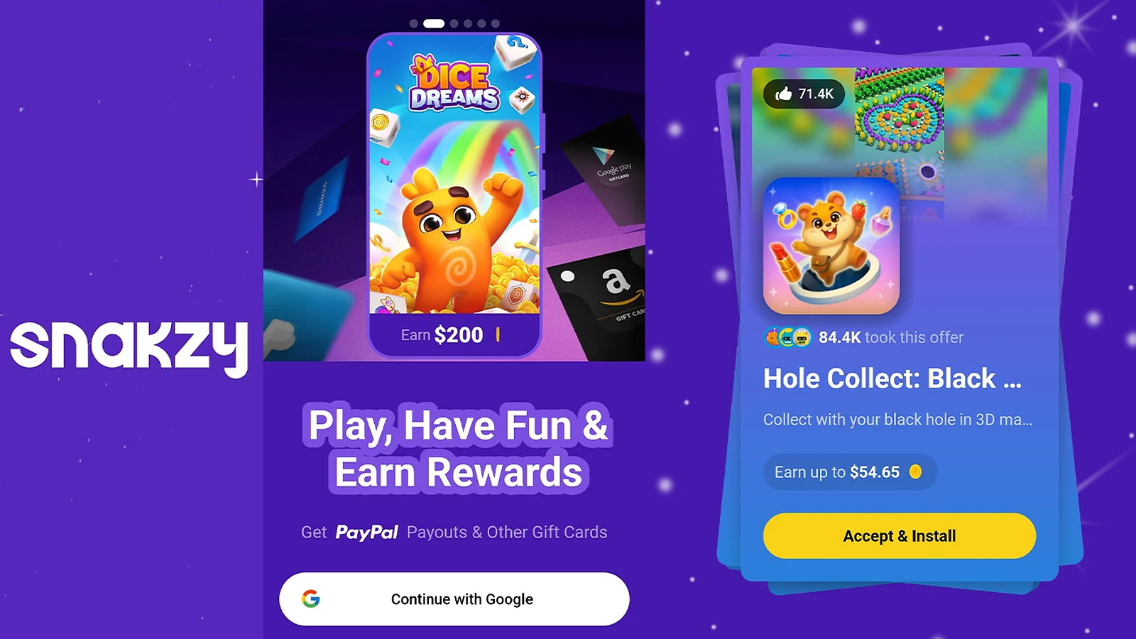 Snakzy mobile app interface showing signing up with Google, PayPal payouts, and available gift cards