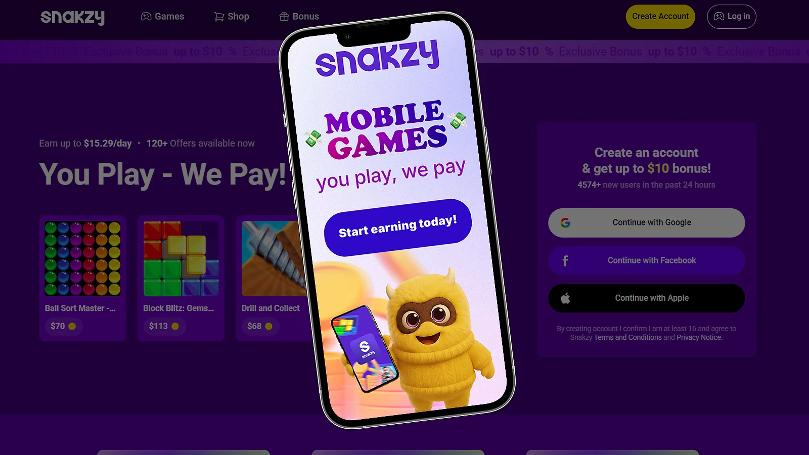 Snakzy website and snakzy banner displaying on the phone