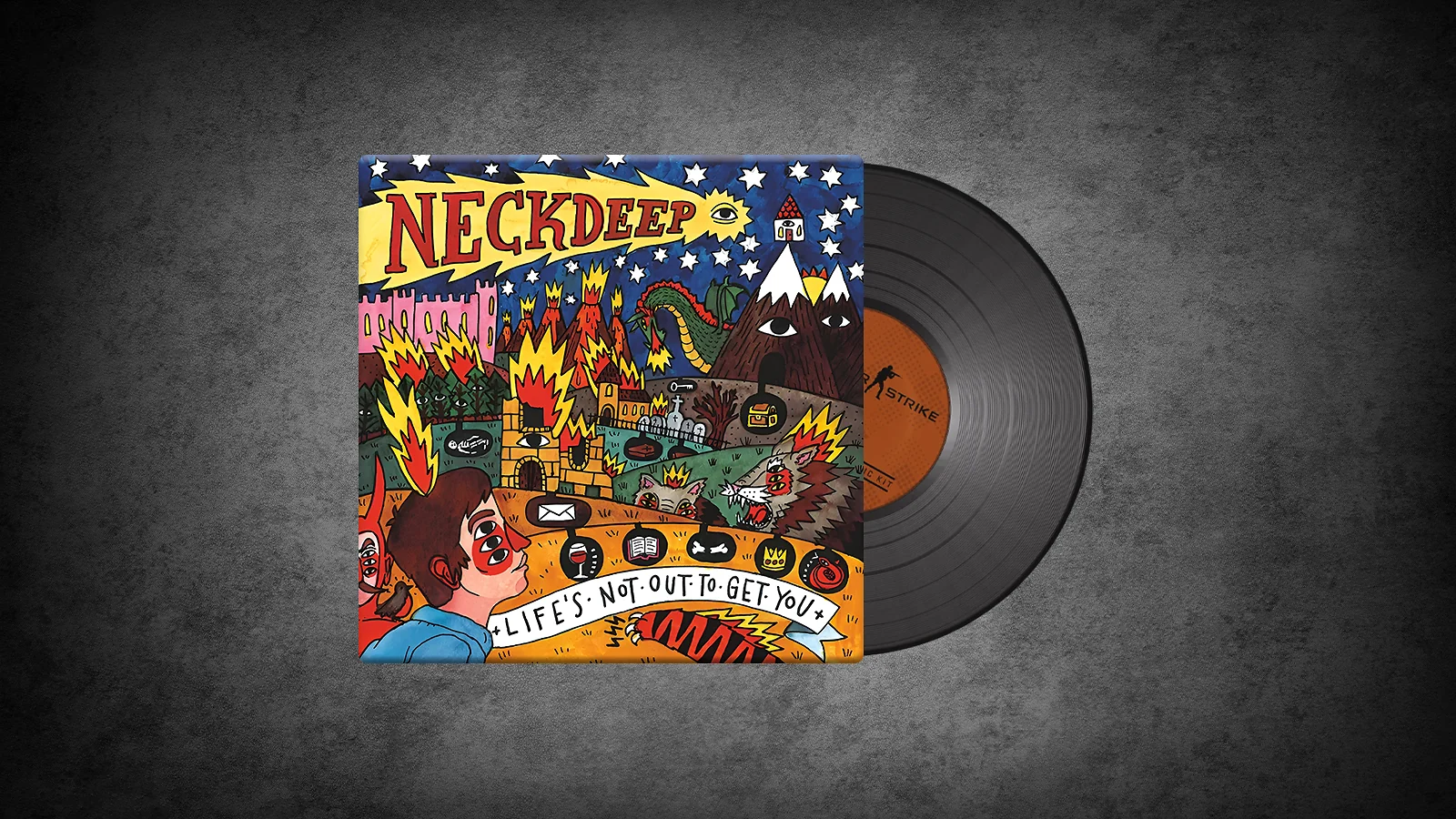 CS2 Music Kit: Neck Deep, Life's Not Out To Get You - cartoon of a volcanic landscape with dragons and monsters