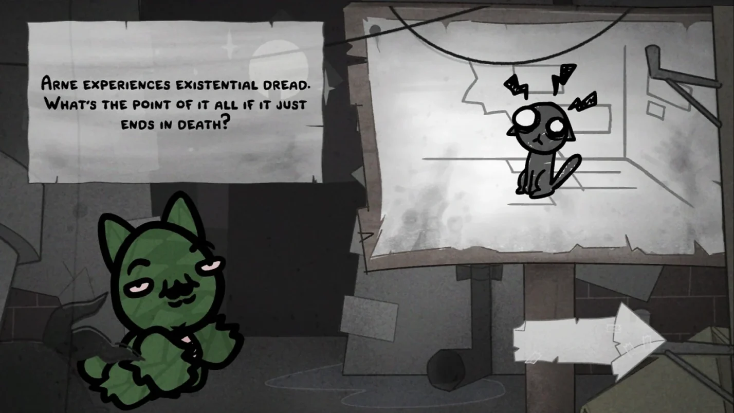 Green and gray cats with a text above the green cat