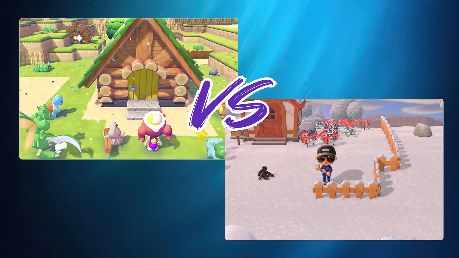 two gameplay screenshots of Pokopia  and Animal Crossing displaying a process of construction