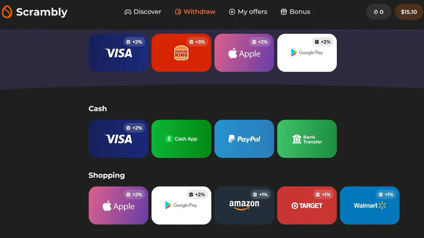 Scambly payout methods