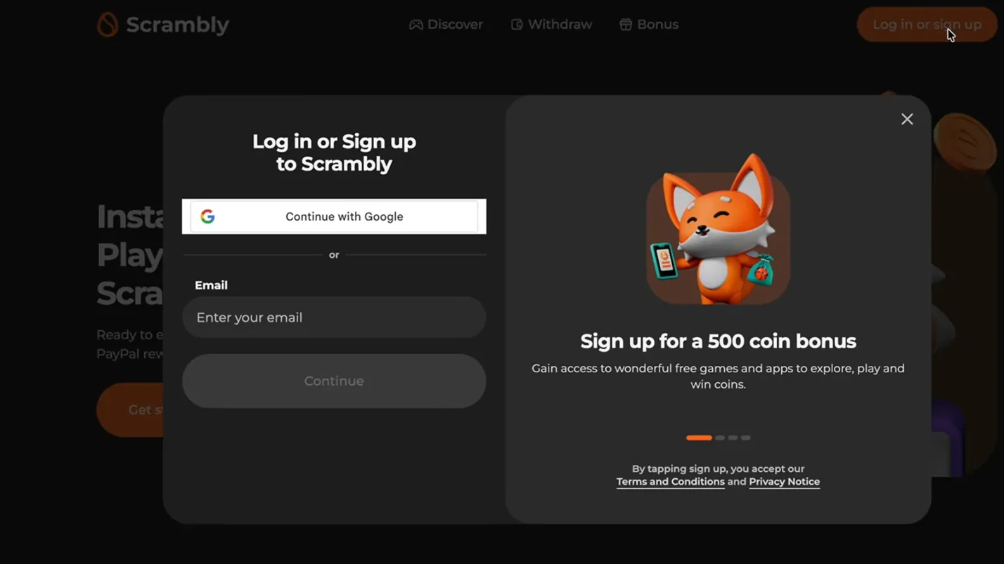 Scrambly website dsiplaying 500 coins bonus for signing up