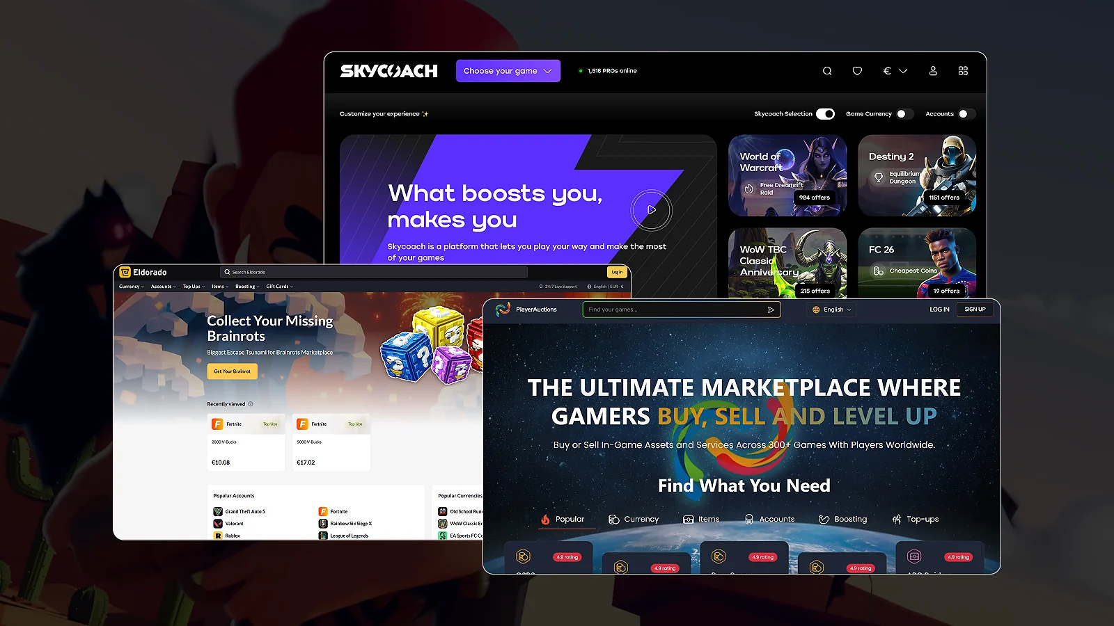 Skycoach, Eldorado and PlayerAuctions website pages