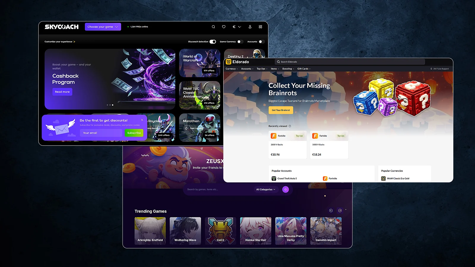 Skycoach, Eldorado and Zeusx website pages