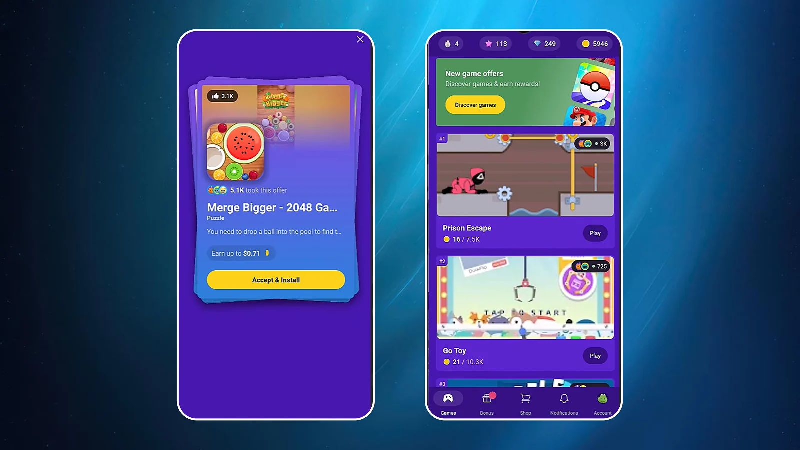 Smakzy app displaying games options