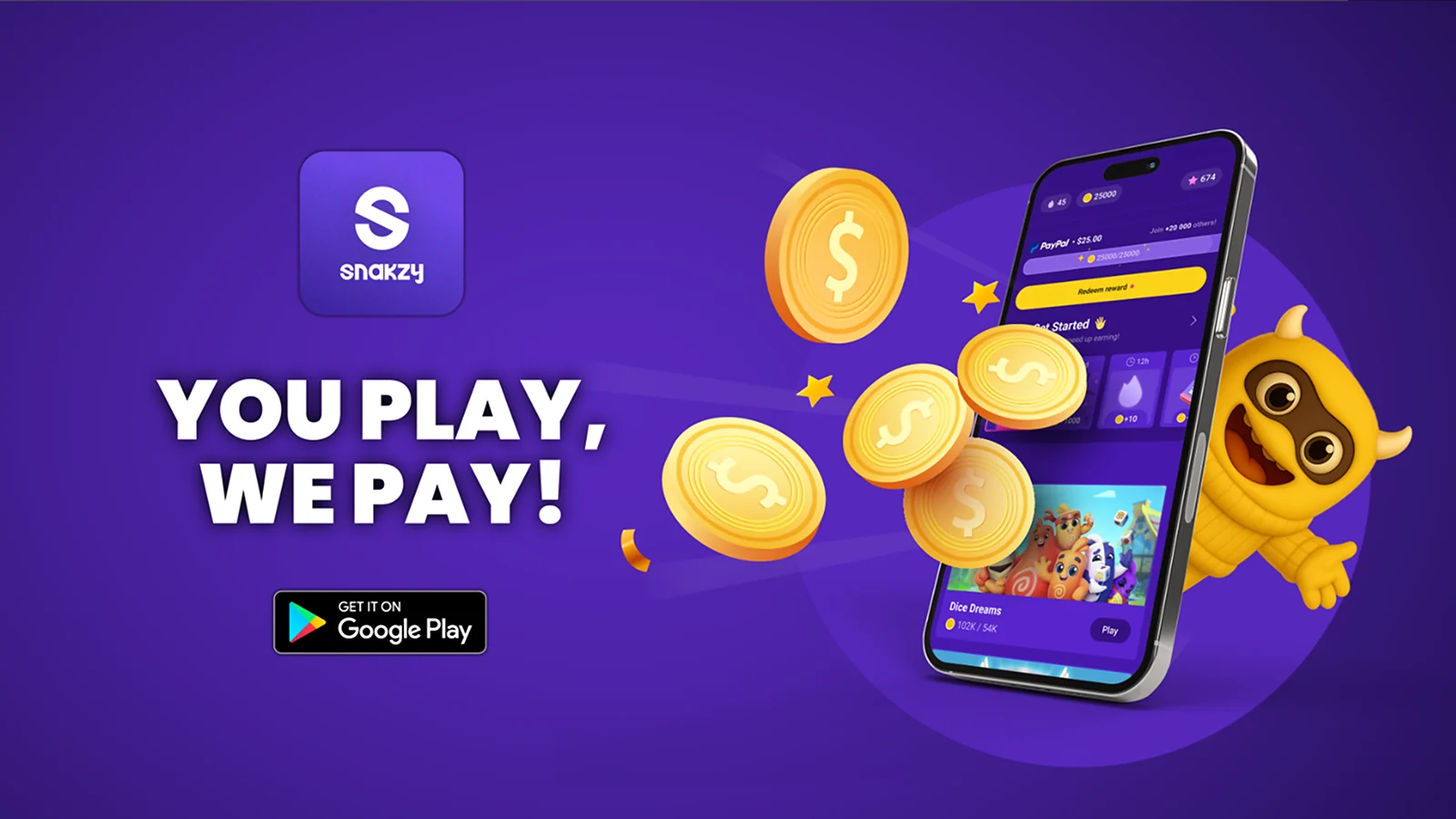 Snakzy banner displaying  snakzy logo, coins and phone and words "you play, we pay"
