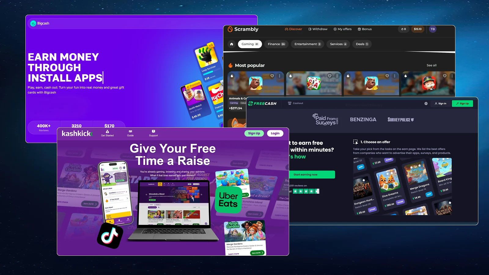 Bigcash, Scrambly, Freecash and Kashkick website pages 