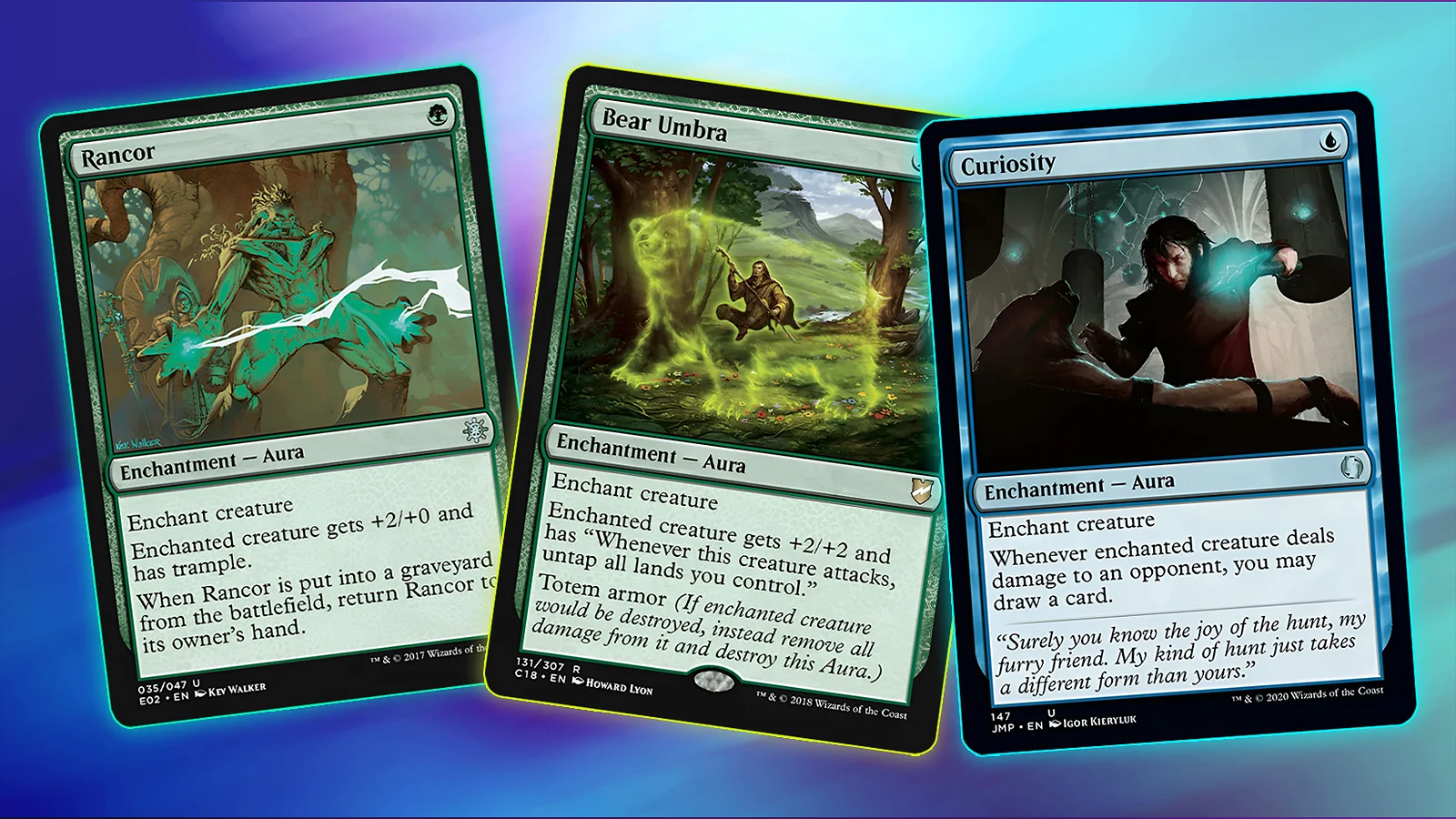 MTG Aura cards: Rancor, Bear Umbra, Curiosity