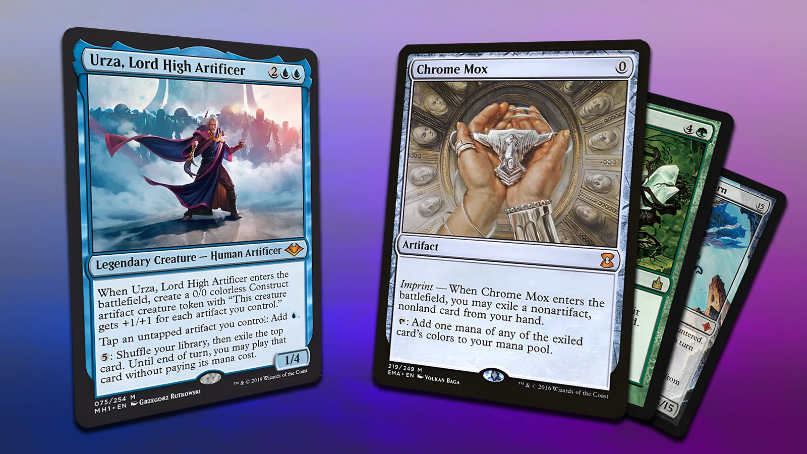 Mythic rare MTG cards: Urza, Lord High Artificer, Chrome Mox and two more