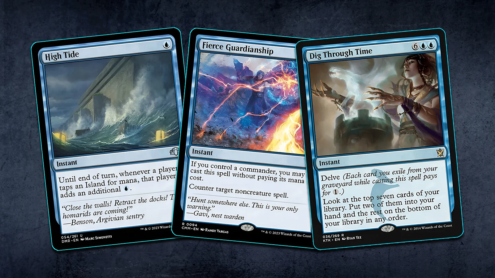 MTG Blue Cards: High Tide, Fierce Guardianship, and Dig Through Time