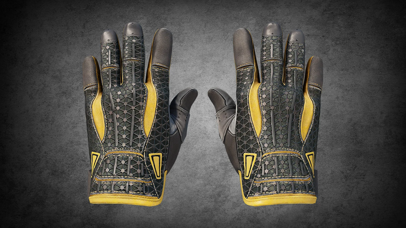 CS2 Sport Gloves Omega with black carbon fiber texture and yellow accents