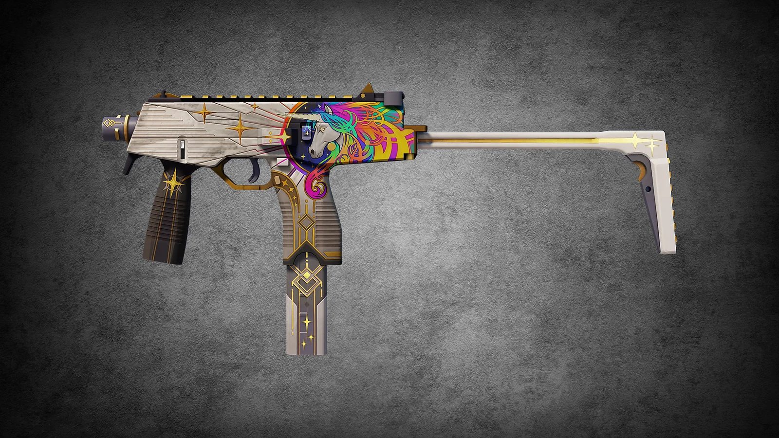 CS2 MP9 skin Protector Starlight – white and gold design with a rainbow-haired unicorn