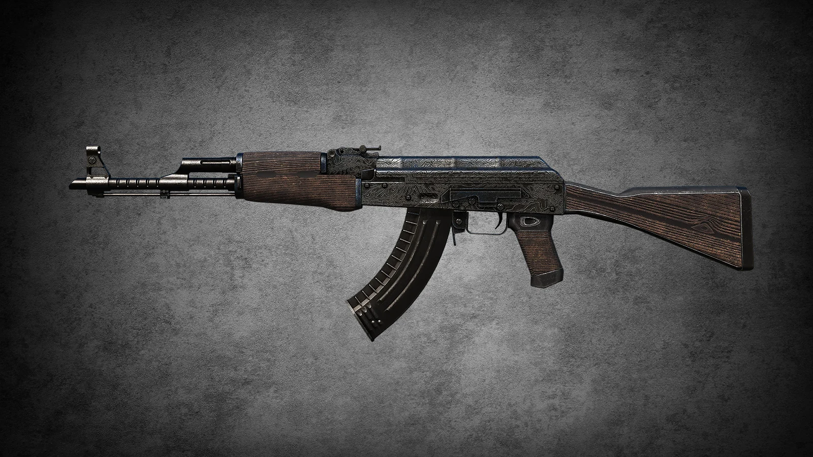 CS2 AK-47 Steel Delta skin with etched topographic maps on a grey steel body