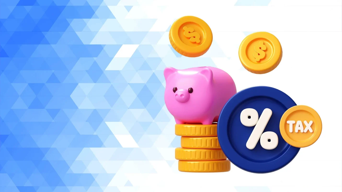 3D infographic showing golden coins and a pink piggy bank