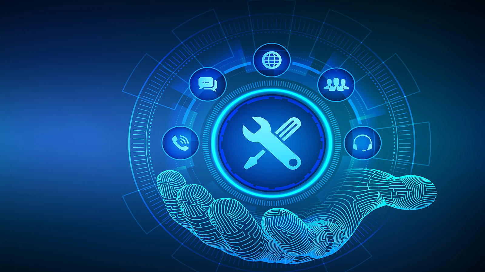Infographics on a blue background - a hand and icons