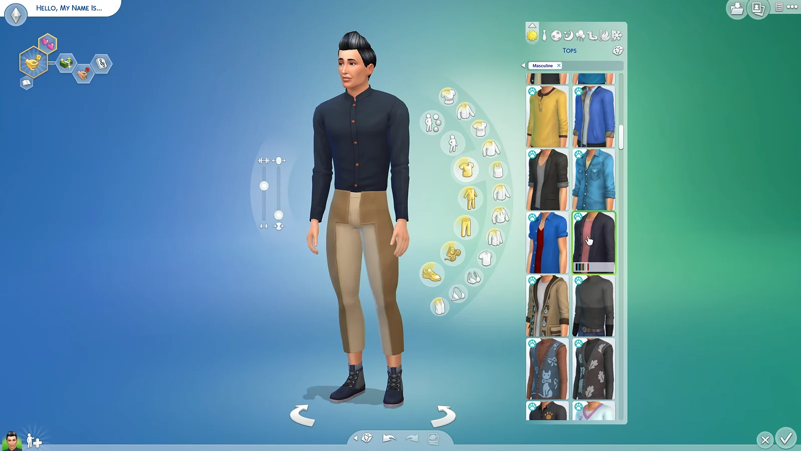Create A Sim interface in The Sims 4 featuring masculine clothing options