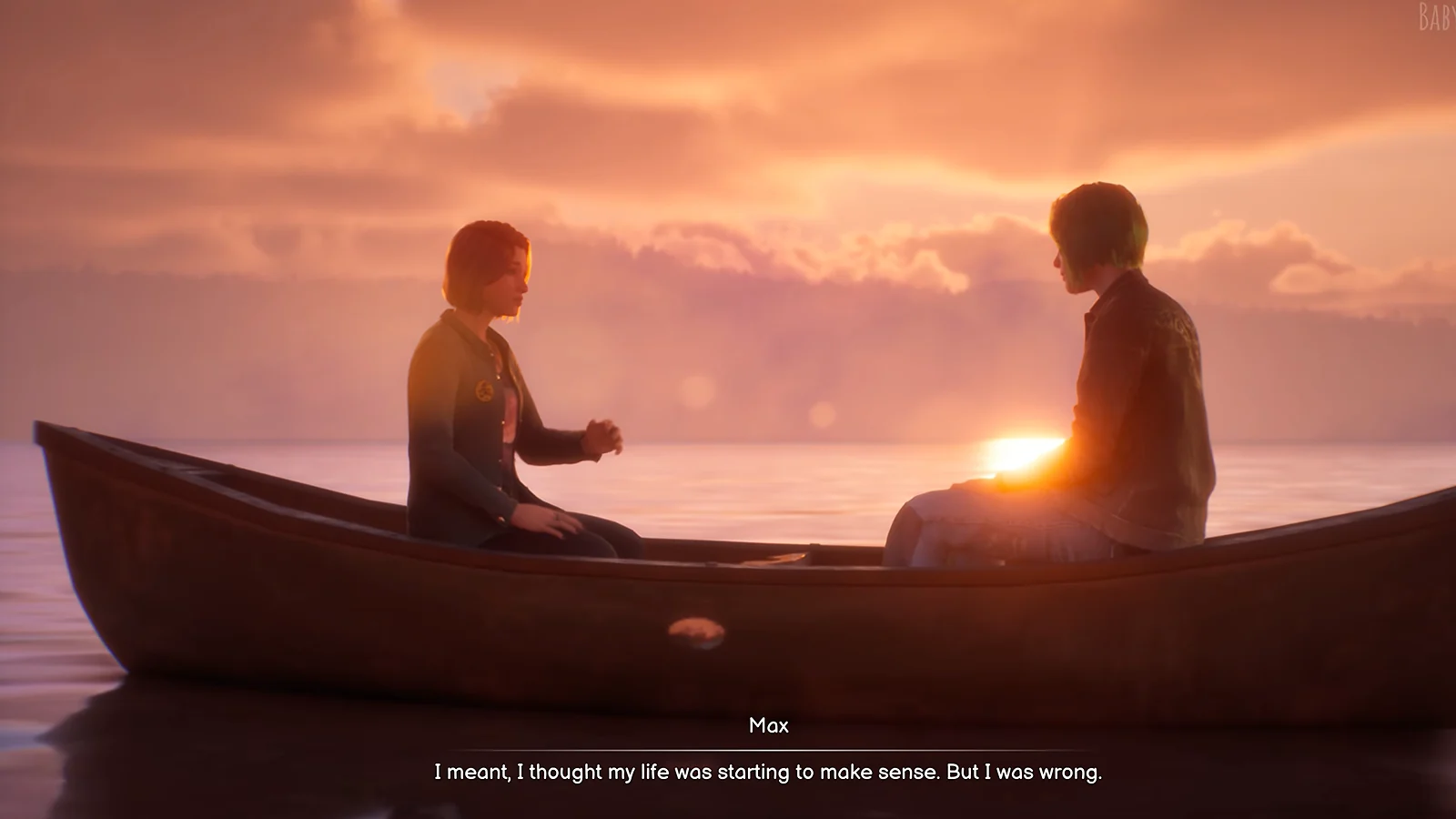 In-game screenshot: Max and Chloe in a boat