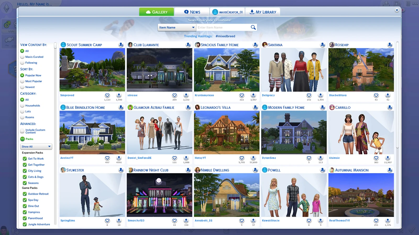 The Sims 4 Integrated Gallery showing community-created households, lots, and rooms.