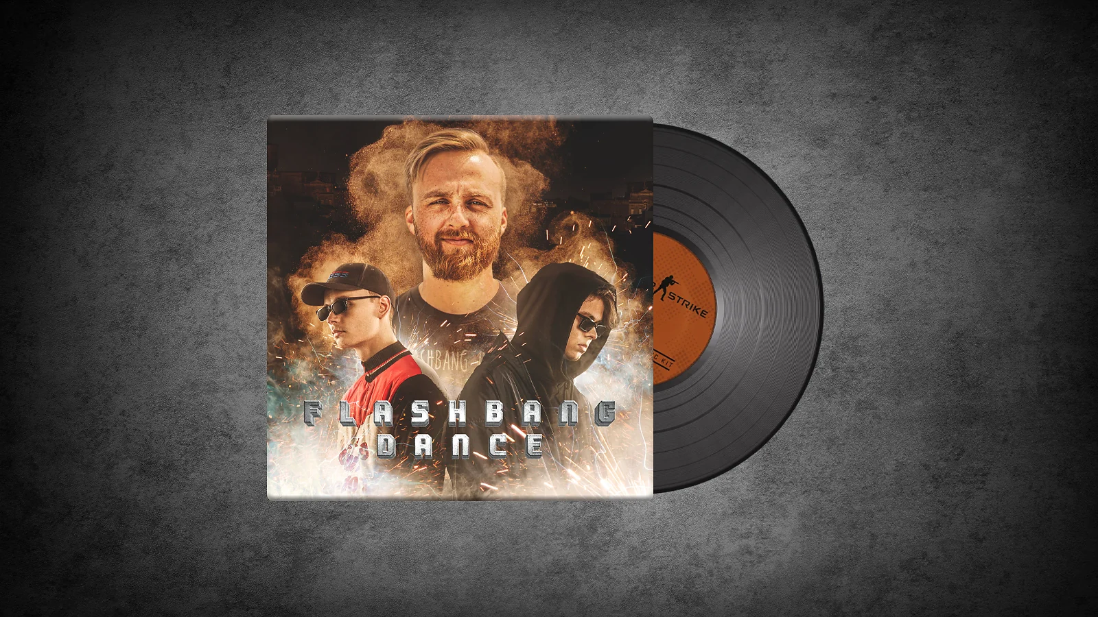 CS2 Music Kit: The Verkkars & n0thing, Flashbang Dance - album cover featuring three men amid explosive golden sparks