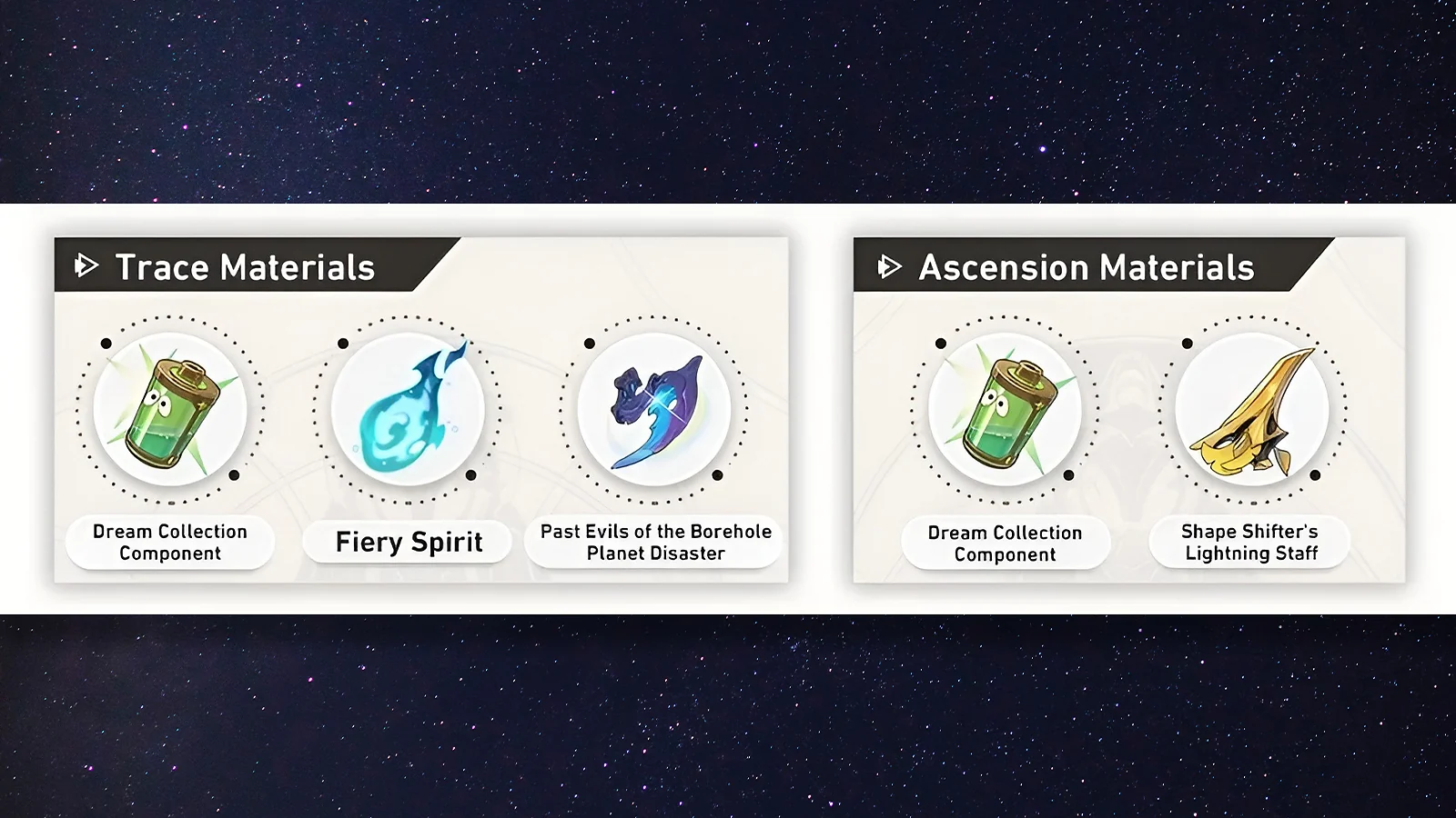 Acheron’s ascension and trace materials, including Fiery Spirit and Dream Collection Components