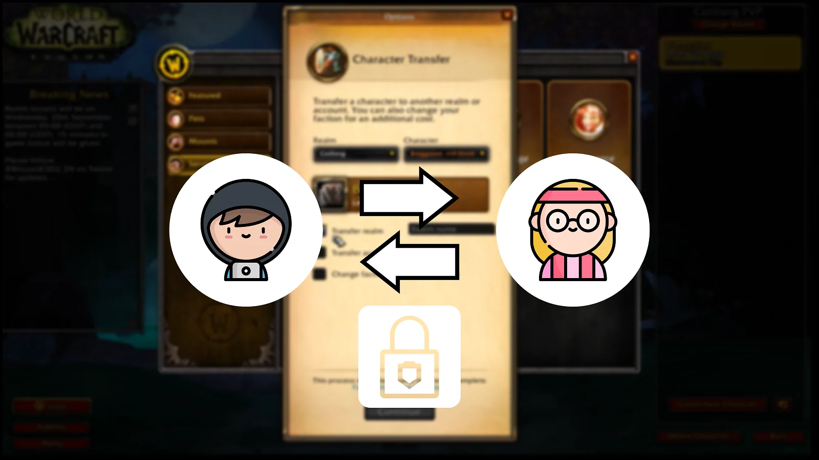 WoW transferring settings and infographics showing the transfer process