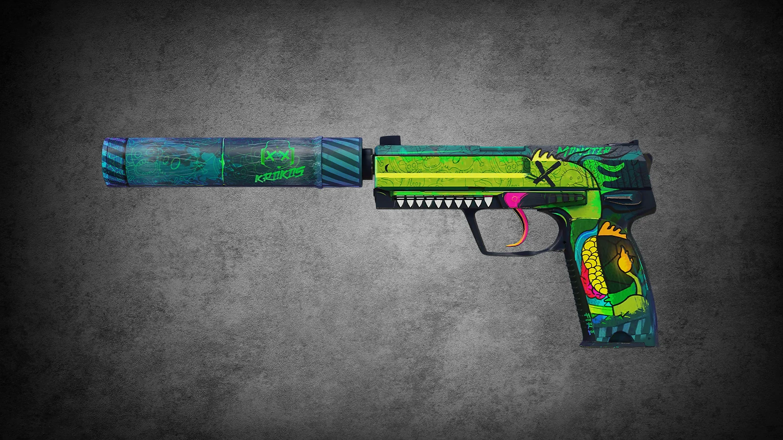 CS2 USP-S Monster Mashup skin featuring a bright green monster with sharp teeth and colorful graffiti