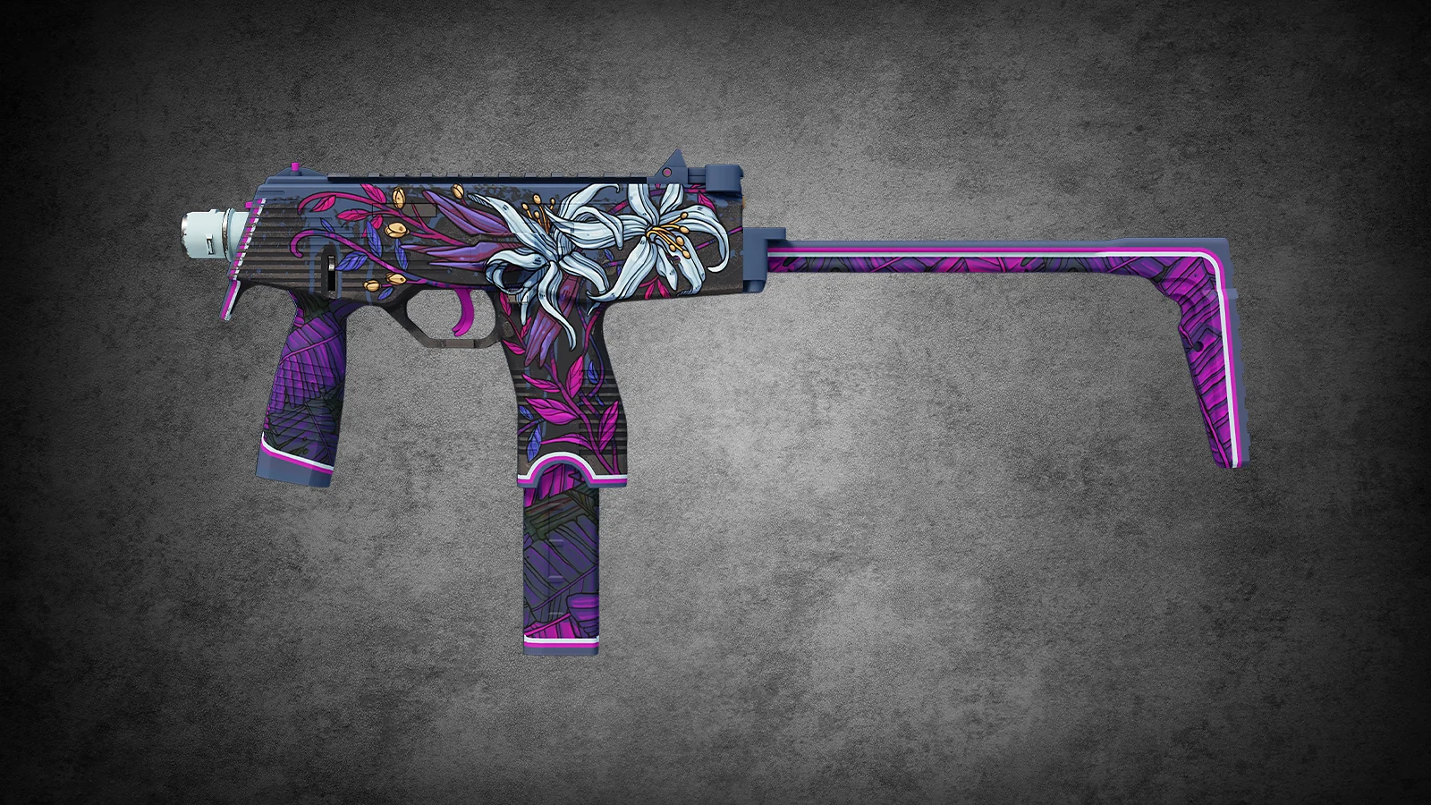 CS2 MP9 skin Wild Lily – vibrant purple vines and a large white lily