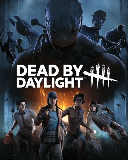 Portada de «Dead by Daylight» en la que se ve al asesino acechando a cuatro supervivientes