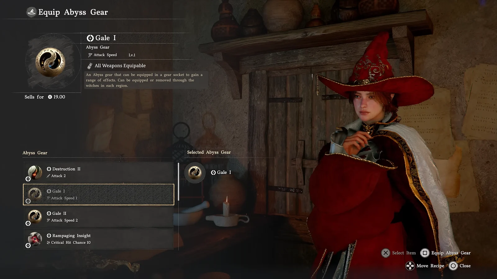 Crimson Desert Abyss Gear menu showing equippable items like Gale I