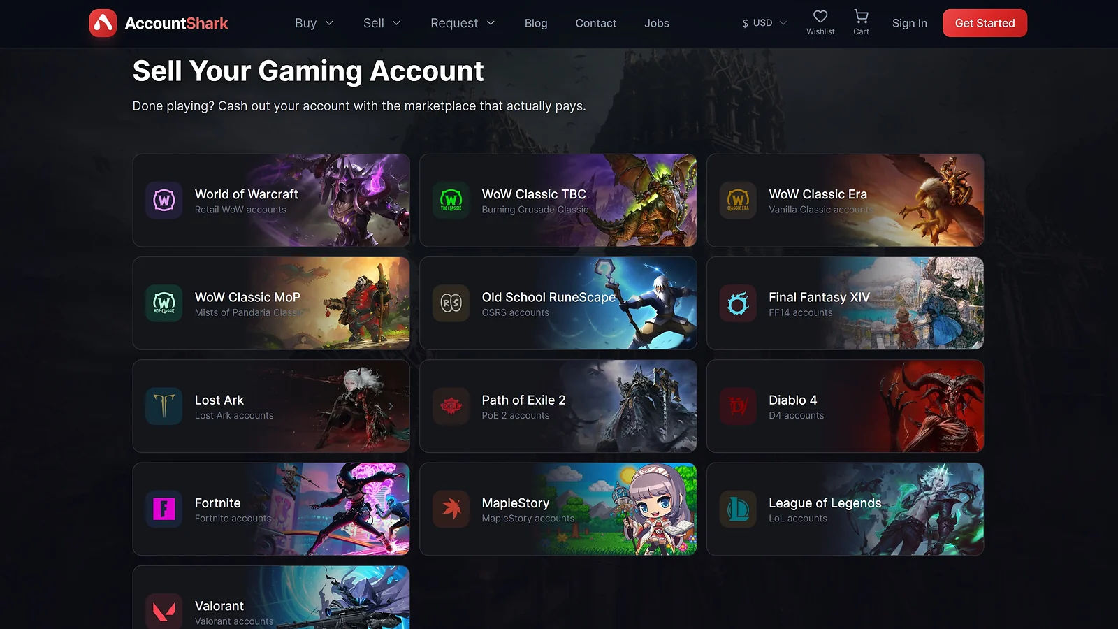 AccountShark's seller portal, where sellers choose their game and submit an account for review.
