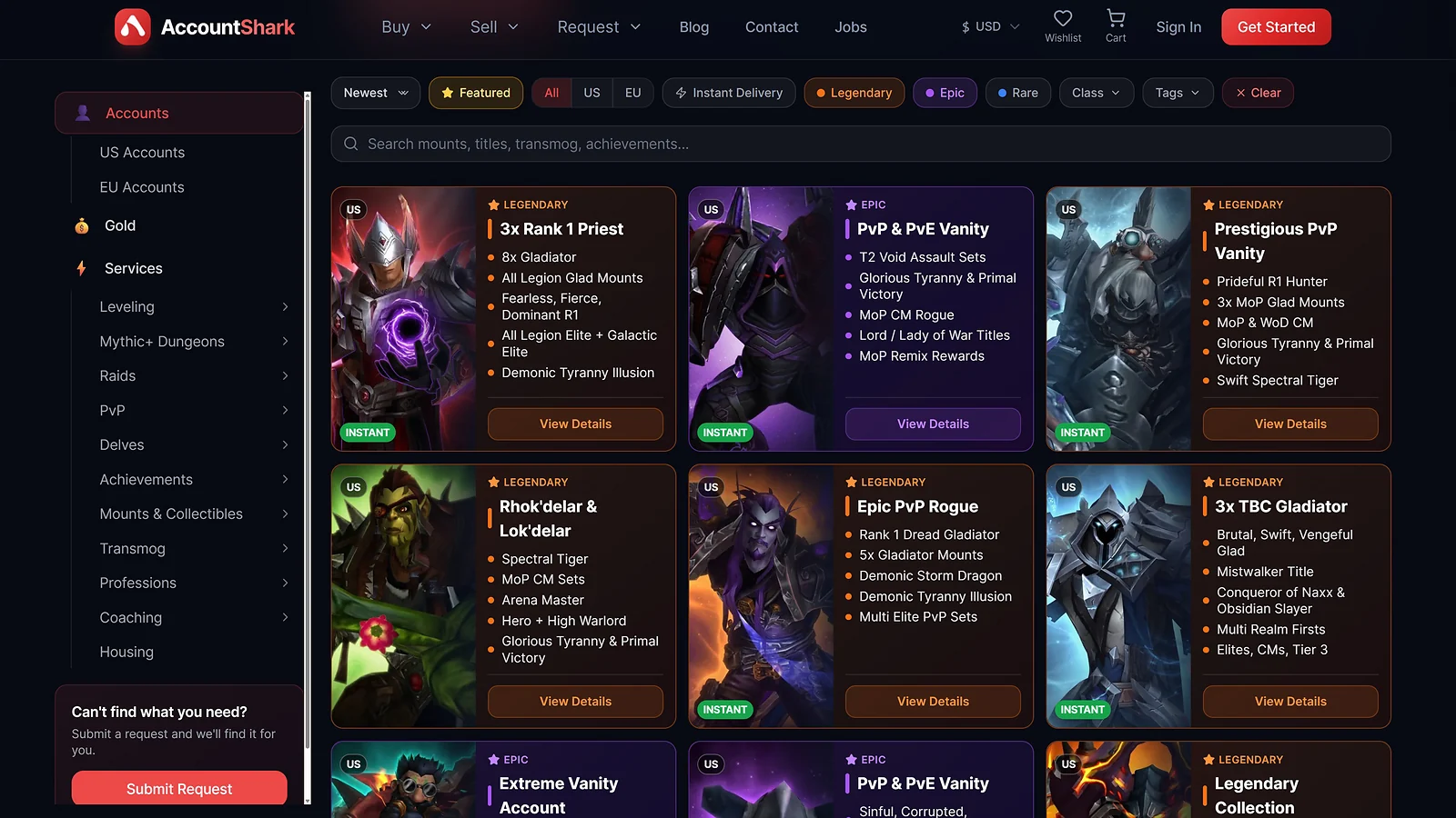 The AccountShark WoW account catalog with curated Legendary and Epic listings.