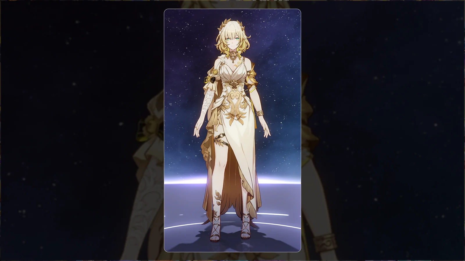 Honkai Star Rail character Aglaea in a white and gold gown standing against a cosmic backdrop
